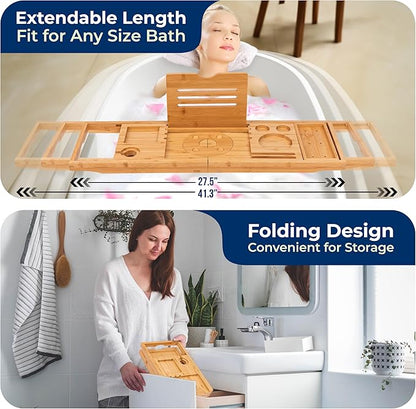 SereneLife Bathtub Tray - Expandable Bath Tray for Tub, Foldable Adjustable Bamboo Caddy with Non-Slip Handles, Device Holder and Wine Glass Slot for Bathing Luxury (Folding, Hard Back, Gift Set)
