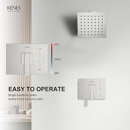 KENES Brushed Nickel 6-Inch Shower Head and Handle Set, Square Shower Faucet Set Bathroom Rainfall Shower System Wall Mount, KE-6025B (Shower Valve Included)