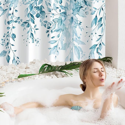 Gibelle Long Shower Curtain 72 x 78, Tall Spa Blue Floral Shower Curtain for Bathroom, Watercolor Plant Eucalyptus Leaves Fabric Shower Curtain Set