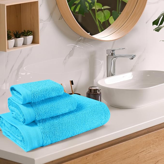 Ultra Soft 3 Pack Cotton Towel Set, Contains a Bath Towels 28x55 inch, a Hand Towels 16x24 inch & a Wash Coths 12x12 inch, Ideal Everyday use, Compact & Lightweight - Turquoise Blue