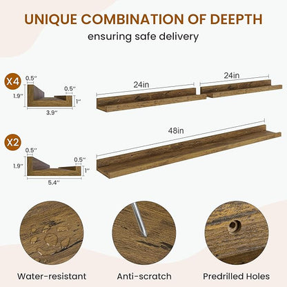 Axeman Picture Ledge Shelf, Floating Shelves for Wall Storage Set of 6, 48 inch Floating Wall Mounted Shelves, Shelves with Lip for Living Room, Bedroom, Nursery, Bathroom, Kitchen, Rustic Brown