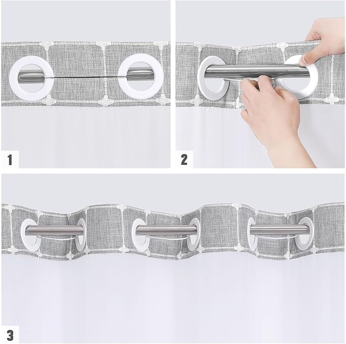 MitoVilla No Hooks Required Farmhouse Shower Curtain with Snap-in Liner - with Window & Magnets, Boho Cotton Linen Fabric Shower Curtains with Tassels for Rustic Bathroom Decor, Grey, 72 x 74