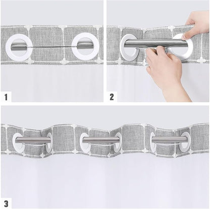 MitoVilla No Hooks Required Farmhouse Shower Curtain with Snap-in Liner - with Window & Magnets, Boho Cotton Linen Fabric Shower Curtains with Tassels for Rustic Bathroom Decor, Grey, 72 x 74