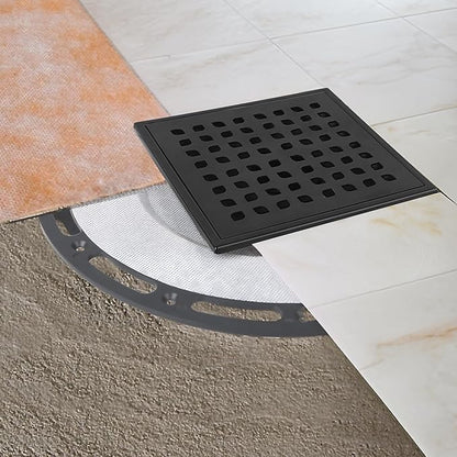 Square Shower Drain, 6-Inch Matte Black Kit with Bonding Flange, Removable Stainless Steel Grate & Hair Strainer, Fits 2" & 3" Pipes for Tiled Floors