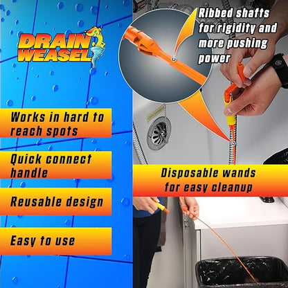 FlexiSnake Pro Drain Weasel Sink Snake Cleaner with New Molded Tip - 18″ - Drain Snake Clog Remover Tool with Rotating Handle & 5 Wand Refills - Easy to Use on Drains & Grates - Made in USA - 5-Pack