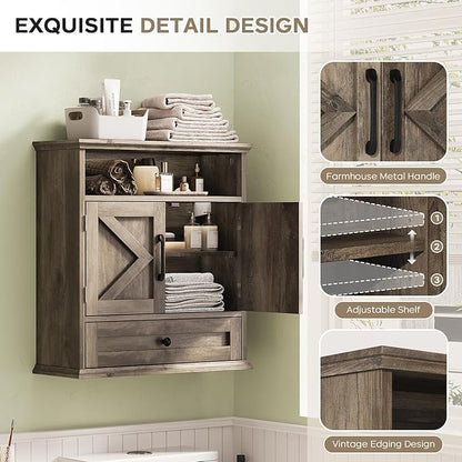Bathroom Wall Cabinet, Wall Mounted Medicine Cabinet with Drawer, Barn Door & Adjustable Shelf, 24.4"H x 23.6"W x 9"D Grey Over Toilet Farmhouse Storage Cabinet for Kitchen, Laundry, Entryway
