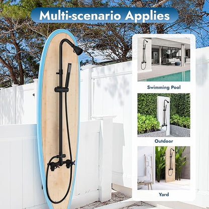 Matte Black Wall Mount Outdoor Shower Kit with Hand Held Spray Two Cross Handles with Adjustable Slide Bar Two Function Exposed Shower Faucet System