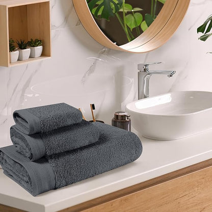 Ultra Soft 3 Pack Cotton Towel Set, Contains a Bath Towels 28x55 inch, a Hand Towels 16x24 inch & a Wash Coths 12x12 inch, Ideal Everyday use, Compact & Lightweight - Charcoal Grey