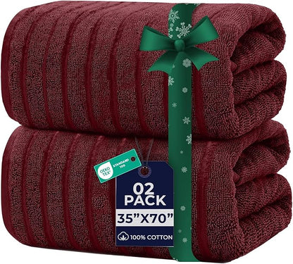 DAN RIVER Pack of 2 Bath Sheet 35x70 Inches, Ribbed Jumbo Bath Towels, Soft and Absorbent Extra Large Towels - Pomegranate