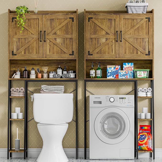 Vabches Over The Toilet Storage Cabinet, Farmhouse Storage Cabinet Over Toilet with Barn Doors & Toilet Paper Holder Stand，Home Space-Saving Toilet Rack, for Restroom, Laundry and Bathroom