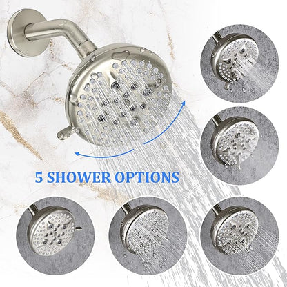 KINSE Shower Faucet Set, 5 Spray Rain Shower Fixtures, 5inchShower Head and HandleSet, Brushed Nickel shower kit with valve and shower head