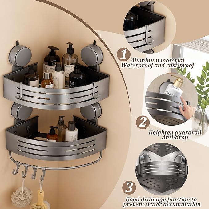 Corner Suction Cup Shower Caddy(2-Pack Gray),No-Drilling Aluminum Shower Shelf with Towel Bar & Hooks,Removable Bathroom and Kitchen Storage Organizer