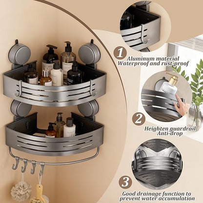 Corner Suction Cup Shower Caddy(2-Pack Gray),No-Drilling Aluminum Shower Shelf with Towel Bar & Hooks,Removable Bathroom and Kitchen Storage Organizer