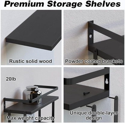 RICHER HOUSE Dual-Level Guardrail Floating Shelves, Rustic Wood Bathroom Shelf Wall Mounted, Over Toilet Paper Storage Shelves for Wall Decor, Bathroom Organizers - Black
