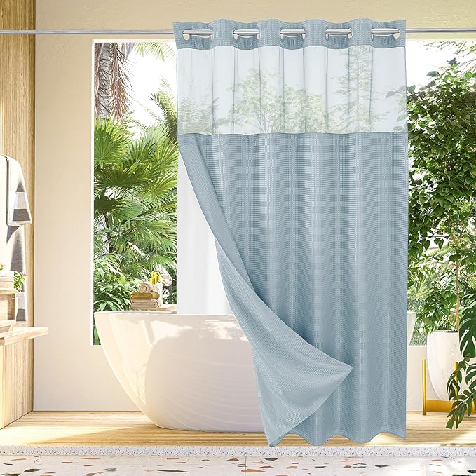 Gibelle Extra Long Shower Curtain 72x86, Waffle Weave Bathroom Shower Curtain with Snap-in Fabric Liner Set, No Hooks Needed, Hotel Style with Mesh Top Window, Fog Blue