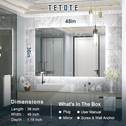 TETOTE 48 x 36 Inch LED Backlit Bathroom Mirror with Lights, LED Vanity Mirror, Frameless, Anti-Fog, Dimmable, CRI90+, Touch Button,Water Proof, Horizontal/Vertical Wall Mounted