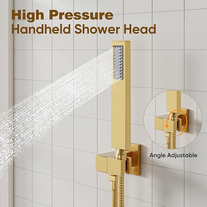 ESNBIA Gold Shower Head System, All Metal 12 Inches Ceiling Shower Faucet Set with Valve, Rain Shower Head with Handheld Spray Combo, Brushed Gold