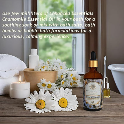 Luxurious Chamomile Essential Oil by Enhanced Essentials|Pure & Slow Distilled|for Diffusers,Skin Care, Aromatherapy, Bath,Massage,Perfume,Gifting,Soap & Candle Making|with Glass Dropper|3.38 fl oz