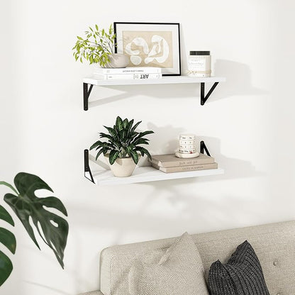 Dreamland Wall Shelves Long, 24W x 8D Wall Mounted Shelves Set of 2, Wide Display Ledge Shelf with Sturdy Metal Brackets for Living Room, Bathroom, Bedroom and Kitchen, White