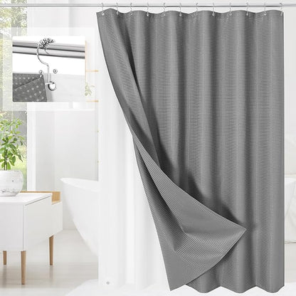 3 in 1 Shower Curtain Set, Grey Waffle Shower Curtain and PEVA Liner Set with 12 Stainless Steel Shower Curtain Hooks, Gray Waterproof Fabric Shower Curtains for Bathroom, 72 W x 72 H