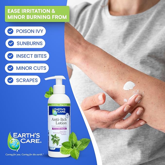 Earth's Care Anti Itch Lotion with Menthol and Camphor - Steroid Free - Soothes Sunburn, Dry and Itchy Skin, and Minor Skin Irritation, FL. 8 OZ