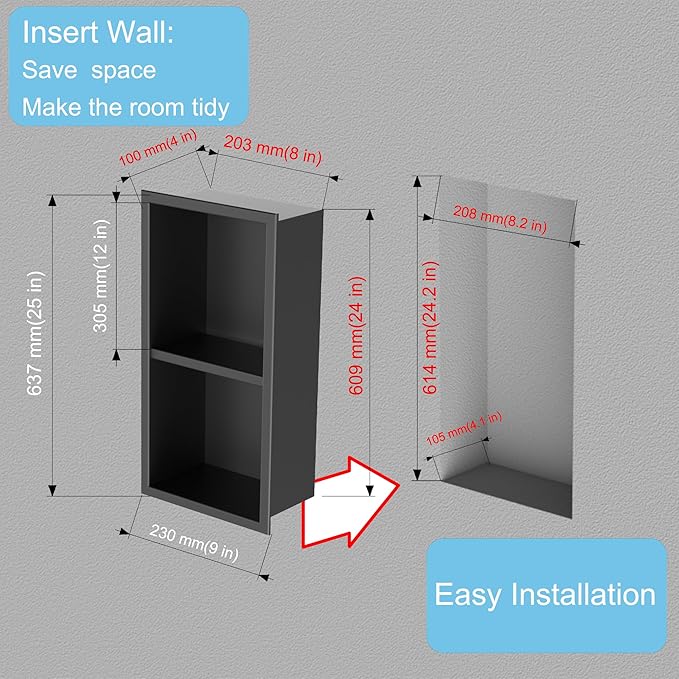 Narrow Shower Niche for Tiny Bathroom Storage, No Tile Needed,Recessed Wall Niche, Double Shelves, Stainless Steel, (Black, 24 * 8 in)