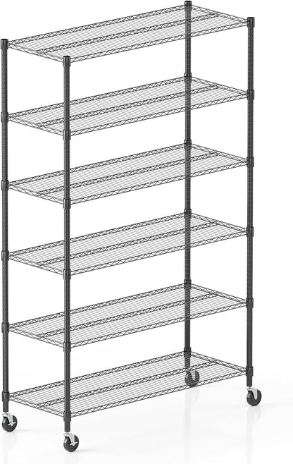 Homdox Heavy Duty Storage Shelves, 6 Tier Wire Shelving Unit with Wheels, Commercial Adjustable Metal Shelves for Storage, Garage Rack Pantry Shelves Kitchen Shelving, 18"x48"x82", Black