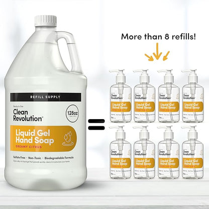 Clean Revolution Liquid Gel Hand Soap, Silky Rich Liquid, Quick Lather, Fast Rinsing, Contains Real Essential Oils (Dreamy Citrus) 128 Fl Oz