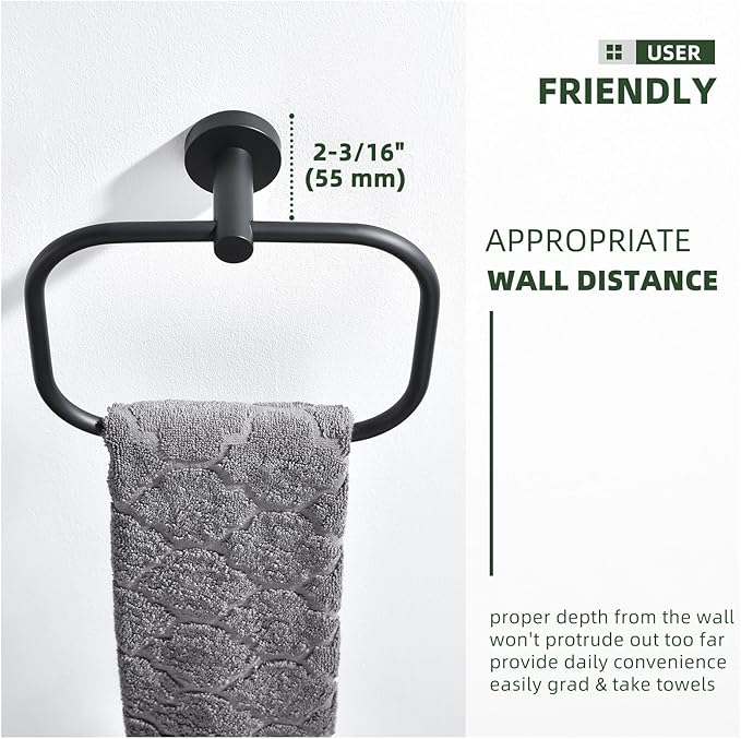 Angle Simple Matte Black Towel Ring Swivel, SUS 304 Stainless Steel Bathroom Hand Towel Holder for Wall Mount