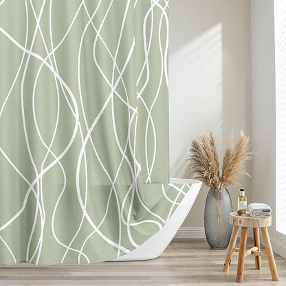 Tititex Morden 140gms Faux Linen Fabric Bath Shower Curtain Set Textured Fabric with Sage White Curve Pattern 72x72 Inch Water Resistant Bathroom Curtains, Weighted Hem & Hooks for Home/Hotel