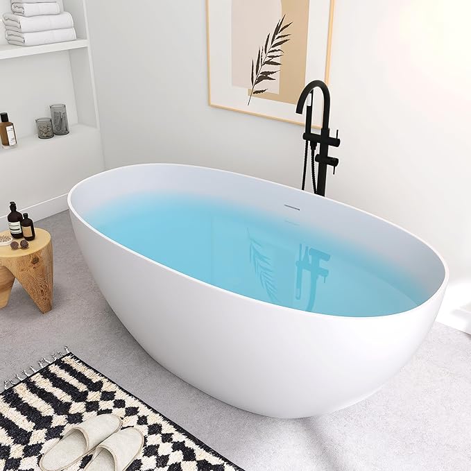 SJ STAR&JANE 59" Freestanding Solid Surface Bathtub, Oval Stone Resin Soaking Tub Stand Alone Tub with Pop-up Drain & Overflow Matte White