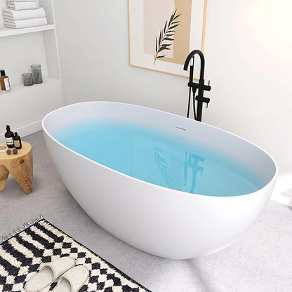 SJ STAR&JANE 59" Freestanding Solid Surface Bathtub, Oval Stone Resin Soaking Tub Stand Alone Tub with Pop-up Drain & Overflow Matte White