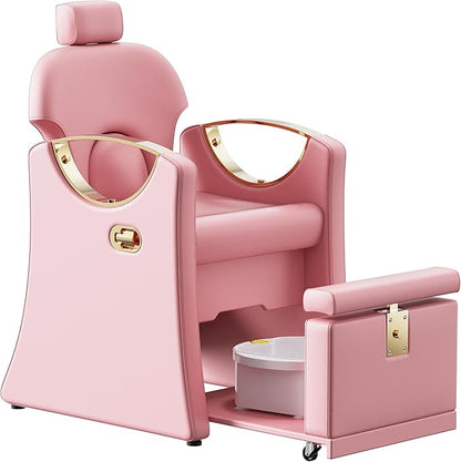 Pedicure Station for Nail Tech, Reclining Pedicure Chair with Massage Foot Bath, No Plumbing Pedicure Station Unit (Pink)