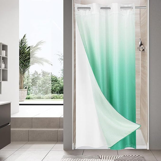 MitoVilla Teal Ombre Waffle Small Stall Shower Curtain Liner Set 36 x 74, No Hooks Required Turquoise Half Size Narrow Fabric Cloth Shower Curtain Set with Snap-in Liner for Modern Bathroom Decor