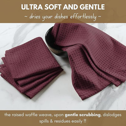 Native Fab Cotton Kitchen Towel with Hanging Loop 16x26 inches, 6-Pack, Waffle Weave Kitchen Towels for Cleaning Drying, Washcloths Soft & Absorbent Cloth Rags, Bar Towel, Dish Cloth, Burgundy Wine