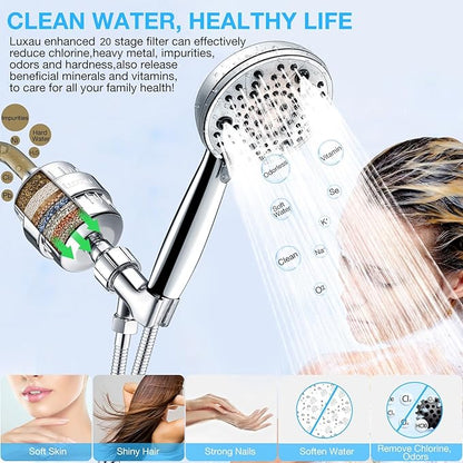 Filtered Shower Head Combo, Includes 20 Stage Shower Filter Head, High Pressure Handheld Spray Showerhead, Hose, Shower Arm Mount Holder, for Hard Well Water Chlorine, Chrome (S20)