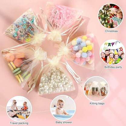 Hopttreely 100pcs Organza Bags, 4''x4.72'' Pastel Yellow Satin Drawstring Organza Pouch Wedding Party Favor Gift Bag Jewelry Watch Bags