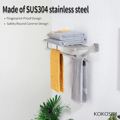 KOKOSIRI 20 Inch Towel Rail Towel Shelf with Double Towel Bars Bathroom Towel Rack Towel Holder Wall Mounted SUS 304 Stainless Steel, Brushed Nickel, B6005BR-L20