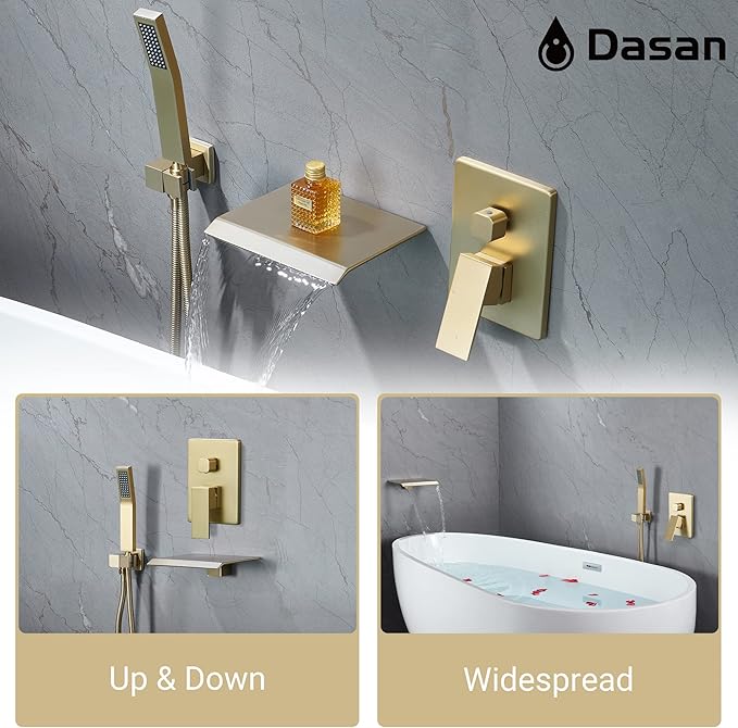 Upgraded Wall Mount Tub Filler Faucet with Handheld Shower, DASAN Modern Wall Mounted Bathtub Faucet Brushed Gold High Flow Waterfall Tub Faucet with Rough in Valve, SA-TF04WH-BG