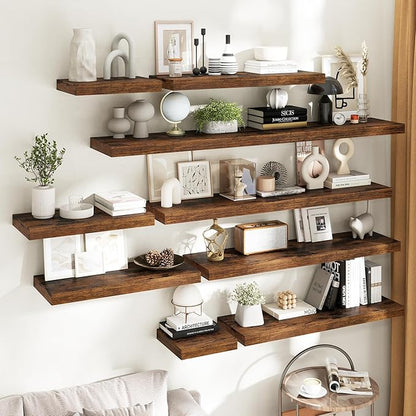30 Inch Floating Shelves for Wall 2 Pack, 12"D Wood Grain Bathroom Shelves with Invisible Brackets, Easy Install Engineered Wood Storage Shelves for Kitchen, Living Room, Bedroom, Rustic Brown Finish