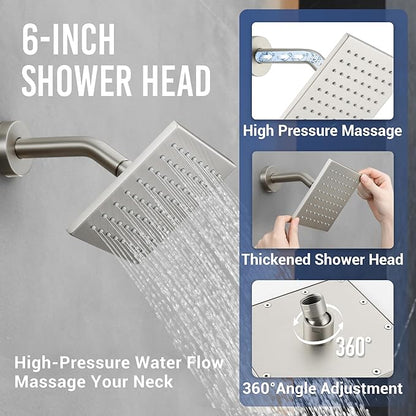 Thermostatic Dual Shower Heads System with 4-Inch Body Jets, Ceiling 16" Rainfall & Wall Mount 6" Shower Head, Luxury Brushed Nickel Shower Faucet Set with Handheld Sprayer for 2-Person/Tandem Shower