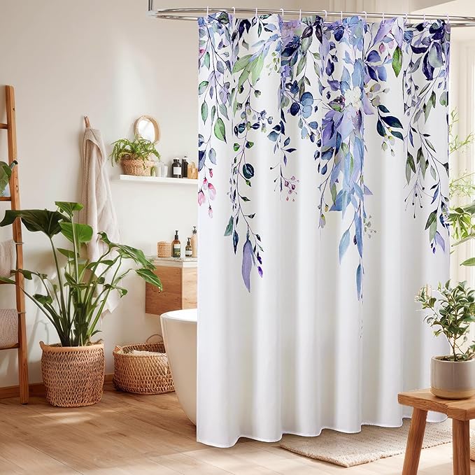 Colorful Star Green Eucalyptus Waterproof Shower Curtain Set with Hooks, Minimalist Watercolor Floral Print Bathroom Décor, Plant Leaves Washable Fabric Shower Curtain, 72 x 72 Inch