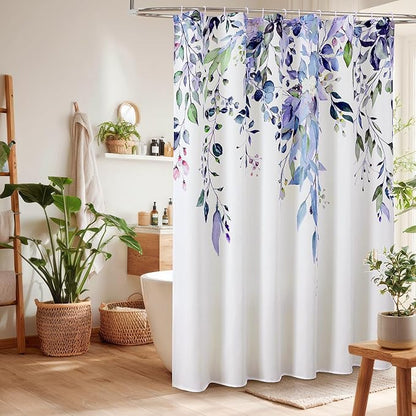 Colorful Star Green Eucalyptus Waterproof Shower Curtain Set with Hooks, Minimalist Watercolor Floral Print Bathroom Décor, Plant Leaves Washable Fabric Shower Curtain, 72 x 84 Inch