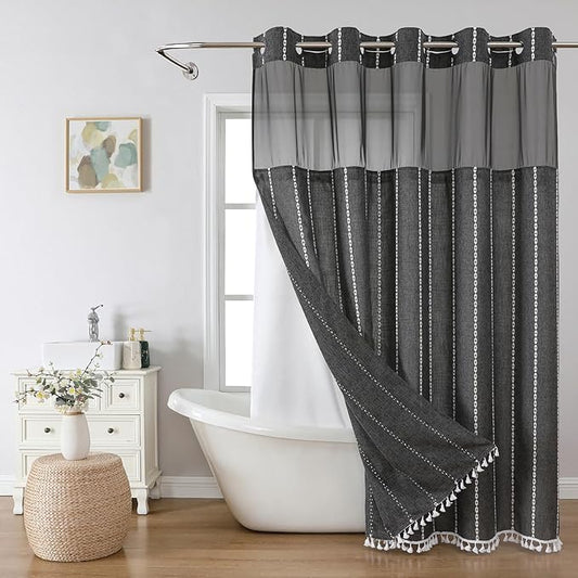 No Hook Extra Long Shower Curtain Set with Snap-in Liner,Linen Textured Thick Striped Fabric with Tassels,Boho Chic Modern Farmhouse Bathroom Curtain,Water-Repellent,Charcoal Grey,71x86