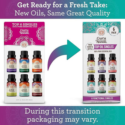 GuruNanda Essential Oils Set for Diffusers, 100% Pure, Aromatherapy, Massage, Candle & Soap Making Lavender, Peppermint, Eucalyptus, Grapefruit, Lemongrass, Ylang Ylang 0.33 Fl Oz (Pack of 6)
