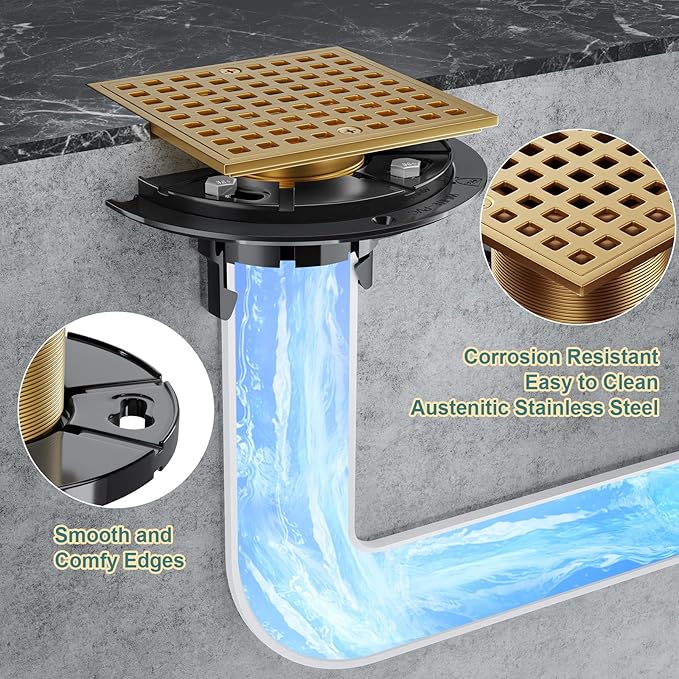 Champagne Bronze Shower Drain 4-1/4 Inch - Square Shower Floor Drain Kit with ABS Flange for 2" or 3" Pipe, Drain with Hair Strainer,Removable Strainer Cover,SUS304 Stainless Steel & CUPC Certified