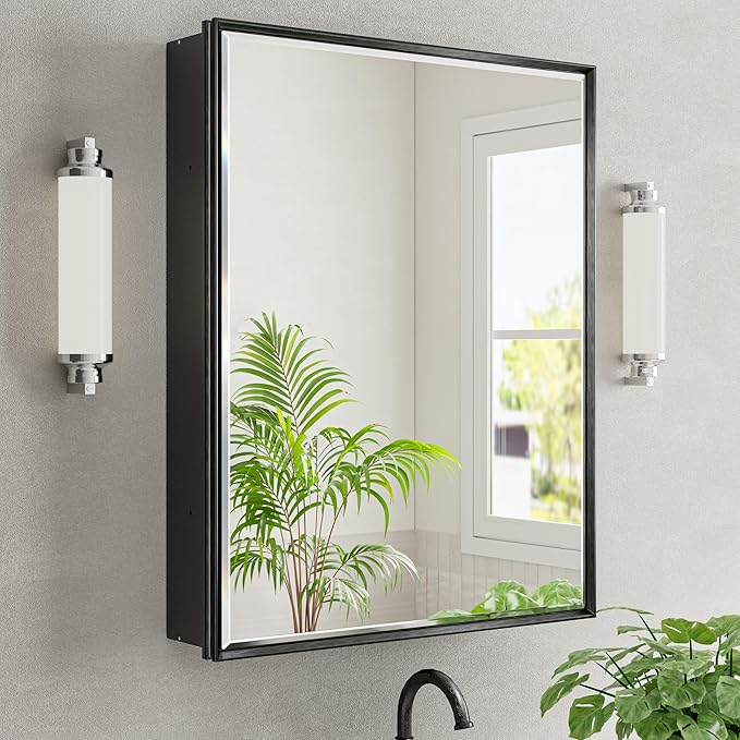 24x30 Pre-Assembled Black Medicine Cabinet with Mirror, Surface or Recessed Medicine Cabinet Mirror for Bathroom, Aluminum Beveled Frame Bathroom Vanity Mirror with Adjustable Shelves Storage
