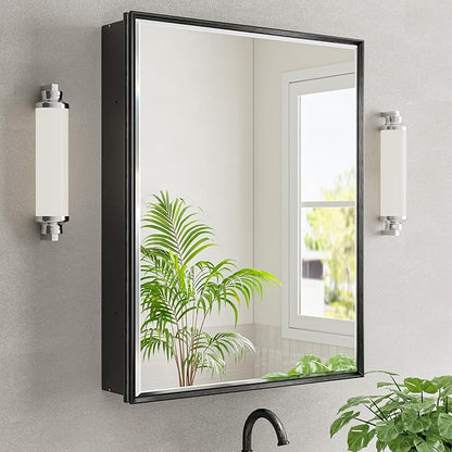 24x30 Pre-Assembled Black Medicine Cabinet with Mirror, Surface or Recessed Medicine Cabinet Mirror for Bathroom, Aluminum Beveled Frame Bathroom Vanity Mirror with Adjustable Shelves Storage