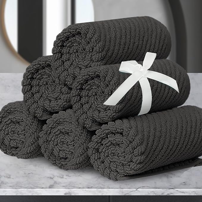 VOOVA & MOVAS Grey Washcloths (6PC, 13"x13") - 100% Cotton | Thick | Quick Dry | Light Weight, 6 Pack Hand Towels, Wash Cloths for Showering, Bathroom Gift Set, Dark Gray