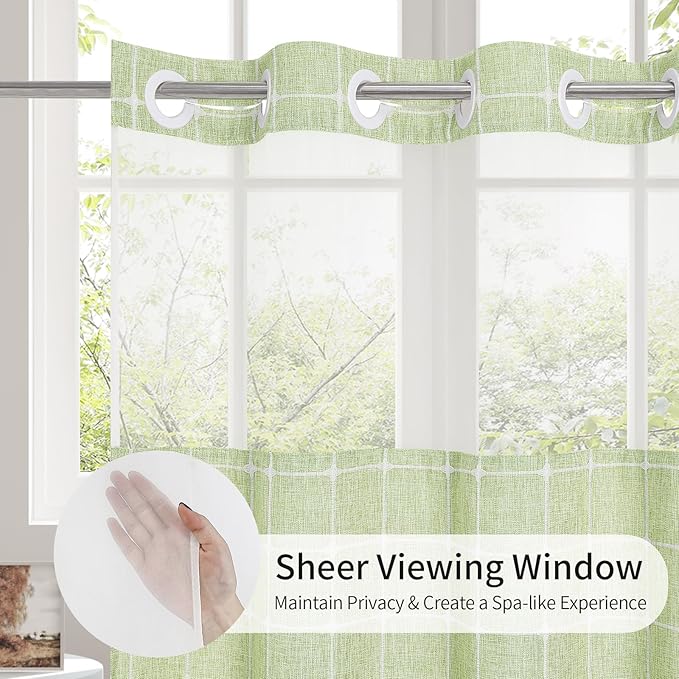 MitoVilla No Hooks Required Farmhouse Shower Curtain with Snap-in Liner - with Window & Magnets, Boho Cotton Linen Fabric Shower Curtains with Tassels for Rustic Bathroom Decor, Sage Green, 72 x 74